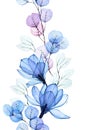 Watercolor seamless border, pattern with transparent flowers. magnolia flowers and eucalyptus leaves of pink and blue flowers. vin Royalty Free Stock Photo