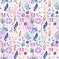 Watercolor seamless border patterns with little ballerinas, Pointe shoes, ballet accessories and flowers on white and Royalty Free Stock Photo