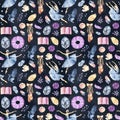 Watercolor seamless border patterns with little ballerinas, Pointe shoes, ballet accessories and flowers on white and Royalty Free Stock Photo