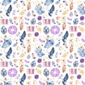 Watercolor seamless border patterns with little ballerinas, Pointe shoes, ballet accessories and flowers on white and Royalty Free Stock Photo