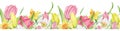 Watercolor seamless border of pink and yellow tulips and daffodils. Easter floral border