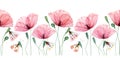 Watercolor seamless border. Poppy plants and butterflies. Summer field flowers with green leaves. Floral horizontal line