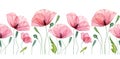 Watercolor seamless border with Poppy. Summer field flowers with green leaves. Floral horizontal line in repeat