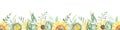 Watercolor seamless border with sunflower flowers, bud, leaves, branches, foliage