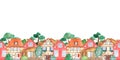 Watercolor seamless border with sweet cute houses and trees.