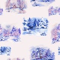 Watercolor seamless border with winter landscape Royalty Free Stock Photo