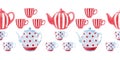 Watercolor seamless borders on the theme of tea drinking with colorful teapots, mugs, tea bags, teaspoons Royalty Free Stock Photo