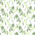 Watercolor seamless botanical pattern. Leaves, twigs, grass. Nat