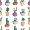 Watercolor seamless Cacti flower pattern.Hand-drawn background with cactus and succulents in the pot. Green house plants in the Royalty Free Stock Photo