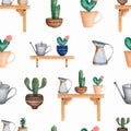 Watercolor seamless Cacti flower pattern.Hand-drawn background with cactus , succulents, watering can. Green house plants in the Royalty Free Stock Photo