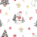 Watercolor seamless christmas pattern with cute polar bear, arctic animals, with christmas tree, spruce, gifts, christmas Royalty Free Stock Photo