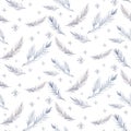 Watercolor seamless Christmas pattern with floral forest tree, snowflakes, branches. Penguin winter snow hand drawn