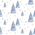 Watercolor seamless Christmas pattern with floral forest tree, snowflakes, branches. Penguin winter snow hand drawn