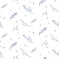 Watercolor seamless Christmas pattern with floral forest tree, snowflakes, pine branches. Penguin winter snow hand drawn Royalty Free Stock Photo