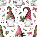 Watercolor seamless Christmas pattern with gnomes, fir trees, fir branches, berries, candies and holly Royalty Free Stock Photo