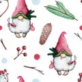 Watercolor seamless Christmas pattern with gnomes, fir trees, cones, berries and holly Royalty Free Stock Photo