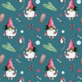 Watercolor seamless Christmas pattern with gnomes, fir trees, cones, berries and holly Royalty Free Stock Photo