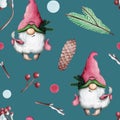 Watercolor seamless Christmas pattern with gnomes, fir trees, cones, berries and holly Royalty Free Stock Photo