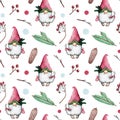 Watercolor seamless Christmas pattern with gnomes, fir trees, cones, berries and holly Royalty Free Stock Photo