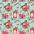 Watercolor seamless Christmas pattern with holiday symbols. Hand painted bullfinch, lantern with candle, poinsettia