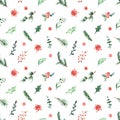 Watercolor seamless Christmas pattern with holly, berries, branches of spruce, pine, holly flower, leaves on a white background