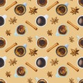 Watercolor seamless coffee break pattern. Cup of coffee, capuccino, latte, croissants.