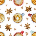 Watercolor seamless coffee break pattern. Cup of coffee, capuccino, latte, croissants.