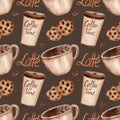 Watercolor seamless coffee pattern, chocolate cookies, paper cup, mug and simple lettering on brown background.