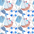 Watercolor seamless colorful pattern, marine theme. Ship, fish, fishing rod, lifebuoy, vest on a white background. Royalty Free Stock Photo