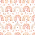 Watercolor seamless cute beige and pink cartoon rainbows pattern. Nursery background, print for kids. Baby repeat paper