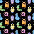 Watercolor seamless cute monster pattern. Hand-drawn background illustration of funny cartoon monsters Royalty Free Stock Photo