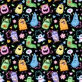 Watercolor seamless cute monster pattern. Hand-drawn background illustration of funny cartoon monsters. Royalty Free Stock Photo