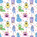 Watercolor seamless cute monster pattern. Hand-drawn background illustration of funny cartoon monsters in love Royalty Free Stock Photo