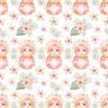 Watercolor seamless cute pink cartoon dinosaurs pattern. Little dino background for kids. Tropical repeat paper