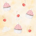 watercolor seamless dessert cupcake cherry meringue pattern