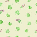 Watercolor seamless endless pattern with aquarelle clover leaves, flowers for St. Patrick Day Royalty Free Stock Photo