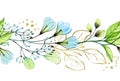 Watercolor seamless floral border. Abstract design element with blue flowers and golden glitter branches. Botanical hand Royalty Free Stock Photo