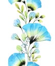 Watercolor seamless floral border with big blue anemones. Abstract vertical design with transparent flowers. Botanical