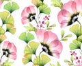 Watercolor seamless floral pattern. Abstract tulip flowers, gingko leaves and berries. Isolated hand drawn background Royalty Free Stock Photo