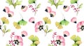 Watercolor seamless floral pattern. Abstract tulip flowers, gingko leaves and flying petals on white. Isolated hand Royalty Free Stock Photo