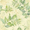 Watercolor seamless floral pattern with green and gold leaves on lihgt yellow background