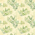 Watercolor seamless floral pattern with green and gold leaves on lihgt yellow background
