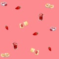 Watercolor seamless food illustration pattern. Breakfast items, jam, toast, pancakes, isolated on a pink background. Perfect for