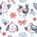 Watercolor seamless greeting pattern with cute flying birds. New Year. Celebration illustration. Merry Christmas.