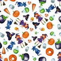 Watercolor seamless halloween pattern or background. Funny and smiling cartoon characters: witch, spider, pumpkin, ghost, cat, bat Royalty Free Stock Photo