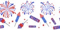 Watercolor seamless hand drawn horizontal border with 4th of July fireworks fire crackers, Fouth of july patriotic Royalty Free Stock Photo