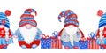 Watercolor seamless hand drawn horizontal border with 4th of July gnomes, Forth of july patriotic American design with Royalty Free Stock Photo