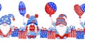 Watercolor seamless hand drawn horizontal border with 4th of July gnomes, Forth of july patriotic American design with Royalty Free Stock Photo