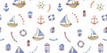 Watercolor Seamless Hand Drawn Nautical Pattern With Vessels, Ships, Sailboat, Anchors, Wheel , Lifebuoys, Coastal