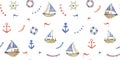 Watercolor seamless hand drawn nautical pattern with vessels, ships, sailboats, anchors, wheel , lifebuoys, garlands of